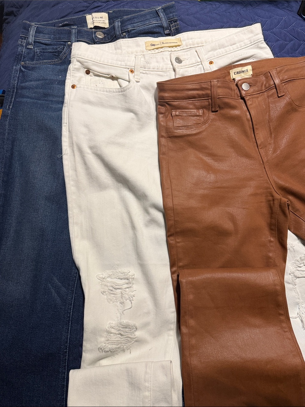L'AGENCE Brown Leather Skinny Jeans with White and Dark Blue Denim Pairing